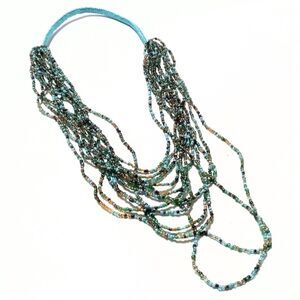 Vintage Hand Woven Turquoise & Gold Multi Strand Seed Bead Necklace